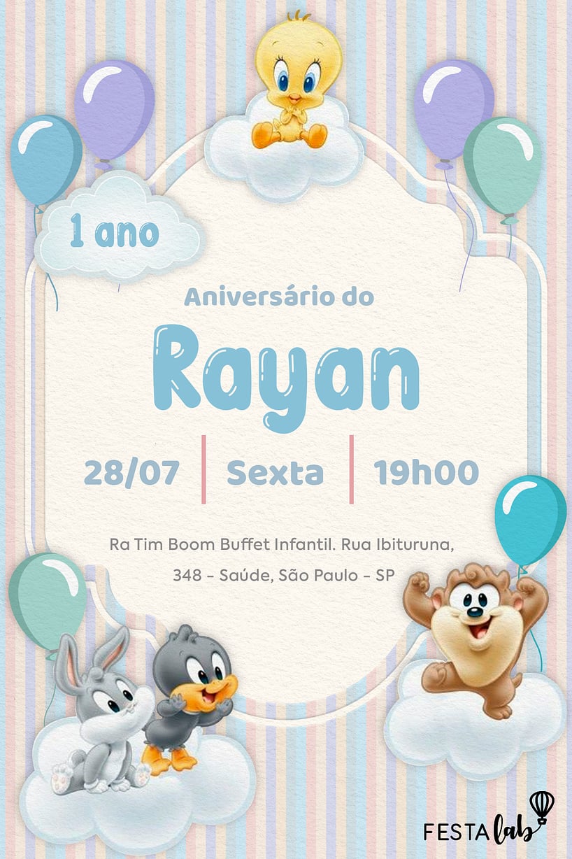Modelo de Convite de Aniversario - Baby Looney Tunes Listradinho de Azul Criar convite de aniversário - Baby Looney Tunes Listradinho de Azul| FestaLab