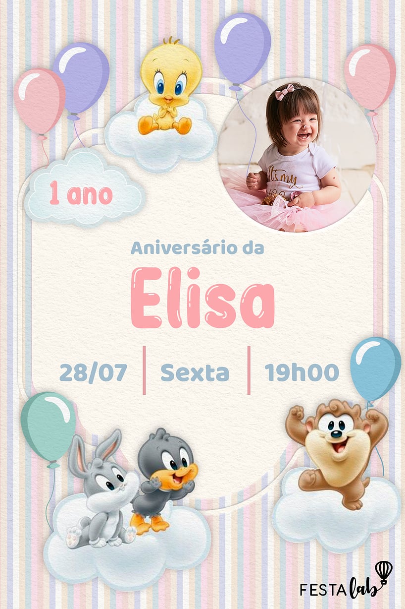 Modelo de Convite de Aniversario - Baby Looney Tunes Listradinho de Rosa Criar convite de aniversário - Baby Looney Tunes Listradinho de Rosa| FestaLab