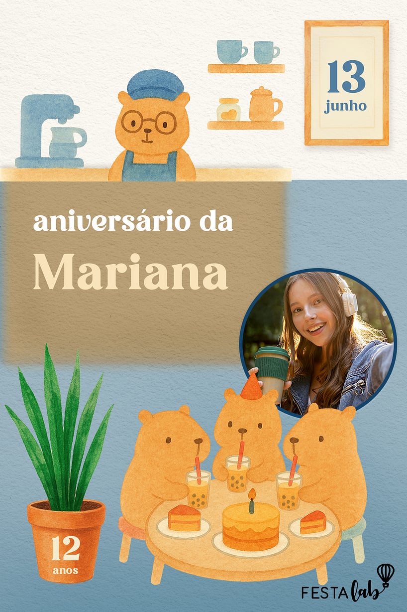 Modelo de Convite de Aniversario - Capivaras no Cafe Criar convite de aniversário - Capivaras no Café| FestaLab