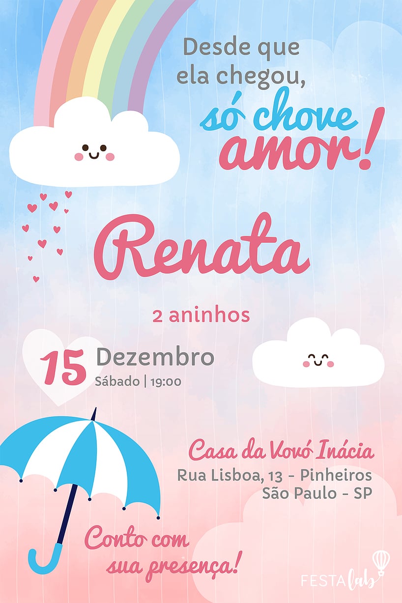 Modelo de Convite de Aniversario - Chuva de Amor Criar convite de aniversário - Chuva de Amor| FestaLab