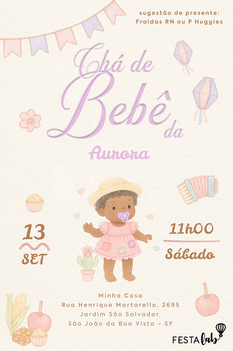 Modelo de Convite de Cha de bebe - Arraia de Docura Lilas Criar convite de Chá de bebê - Arraiá de Doçura Lilás| FestaLab