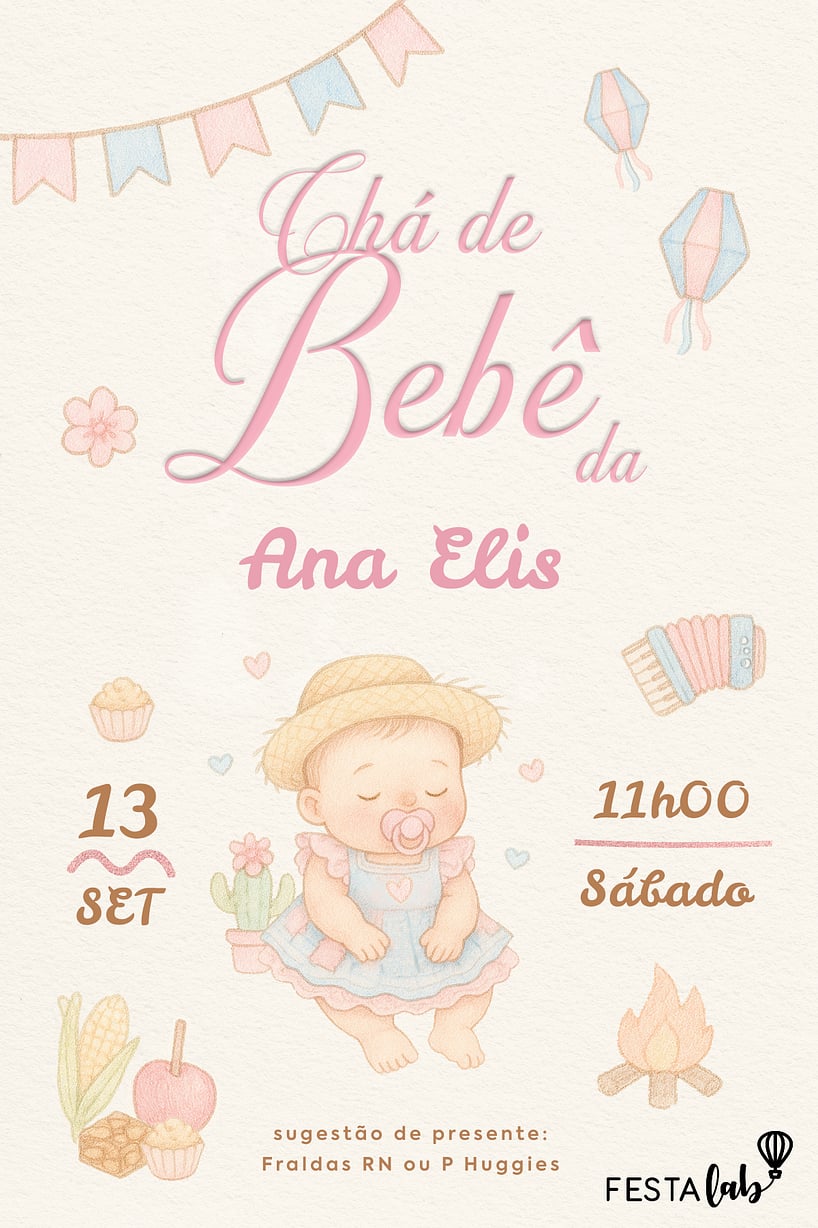 Modelo de Convite de Cha de bebe - Arraia de Docura Criar convite de Chá de bebê - Arraiá de Doçura| FestaLab