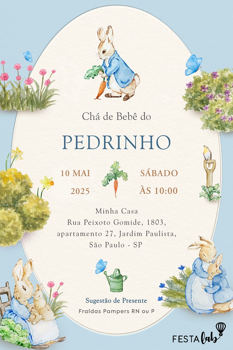 Criar convite de Chá de bebê - Chá de Bebê do Peter Rabbit| FestaLab