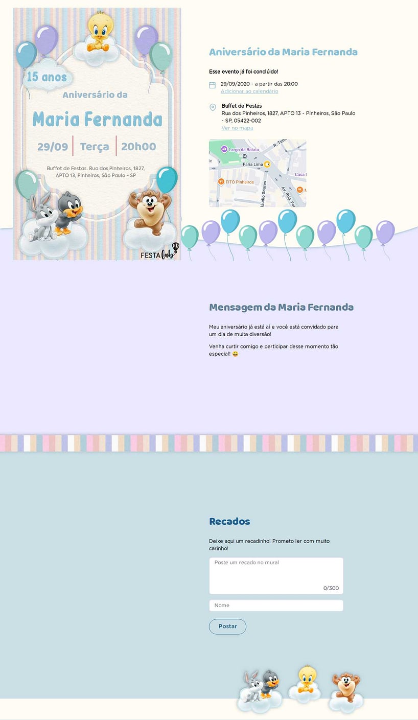 Convite online de aniversário - Baby Looney Tunes Listradinho de Azul| FestaLab
